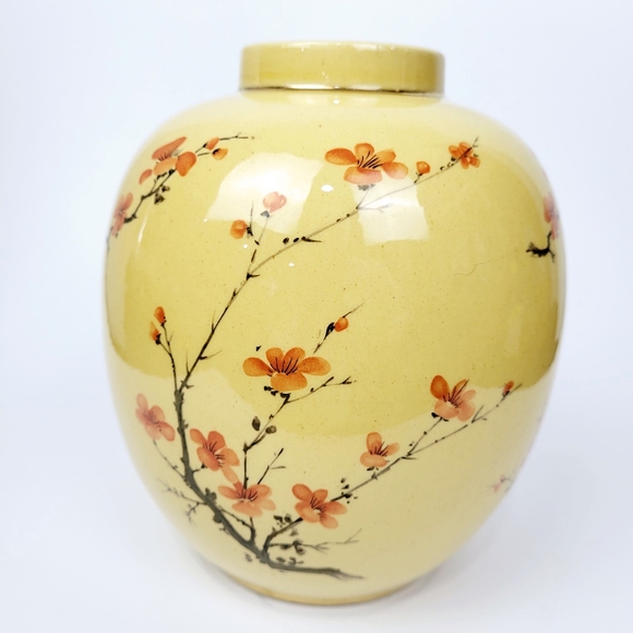 Vtg hyalyn 824 Ginger Jar/Vase~Japanese Apple Blossom Tree~Yellow~7.75" NO LID - Picture 2 of 7